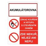 AKUMULÁTOROVNA - ZÁKAZ KOUŘENÍ A VSTUPU S OTEVŘENÝM OHNĚM - ZDE NEKUŘ, NEJEZ ANI NEPIJ,  plast 2 mm, A5