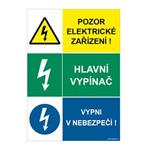 POZOR ELEKTRICKÉ ZAŘÍZENÍ - HLAVNÍ VYPÍNAČ - VYPNI V NEBEZPEČÍ,  plast 2 mm, A5