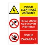 POZOR ELEKTRICKÉ ZAŘÍZENÍ - NEHAS VODOU ANI PĚNOVÝMI PŘÍSTROJI - VSTUP ZAKÁZÁN,  plast 2 mm, A5