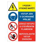 POZOR VYSOKÉ NAPĚTÍ - VSTUP JEN V OCHRANNÉ PŘILBĚ - ZÁKAZ VSTUPU S PLAMENEM - NEPOVOLANÝM, plast s dírami, A4