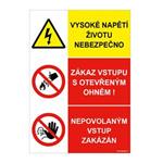 VYSOKÉ NAPĚTÍ ŽIVOTU NEBEZPEČNO - NEHAS VODOU ANI PĚNOVÝMI PŘÍSTROJI - VSTUP ZAKÁZÁN,  plast 2 mm, A5