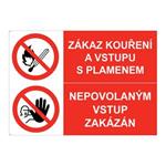 ZÁKAZ KOUŘENÍ A VSTUPU S PLAMENEM - NEPOVOLANÝM VSTUP ZAKÁZÁN, KOMBINACE, plast 2 mm s dírkami A4